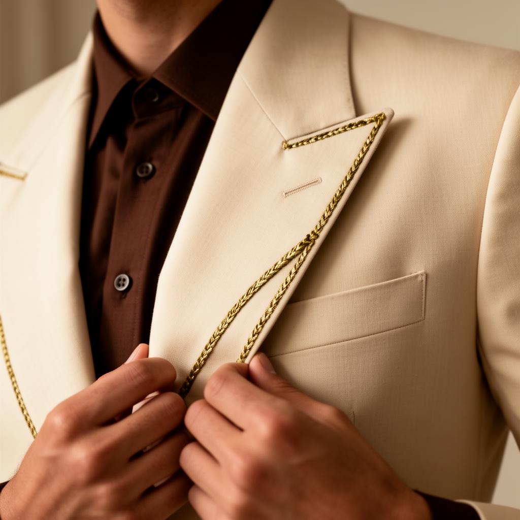Hand-finished tailoring detail with golden olive thread