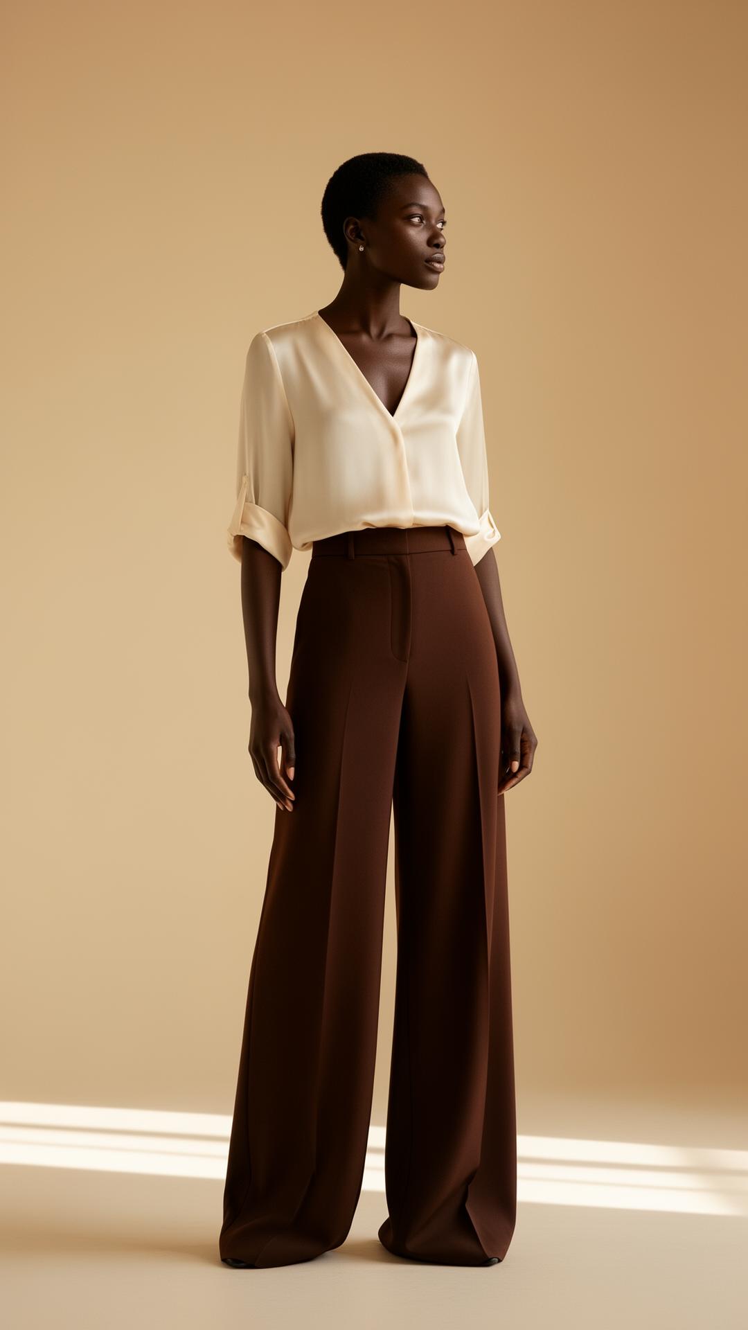 St Winnie Stitches editorial — model in cream silk and chocolate tailoring